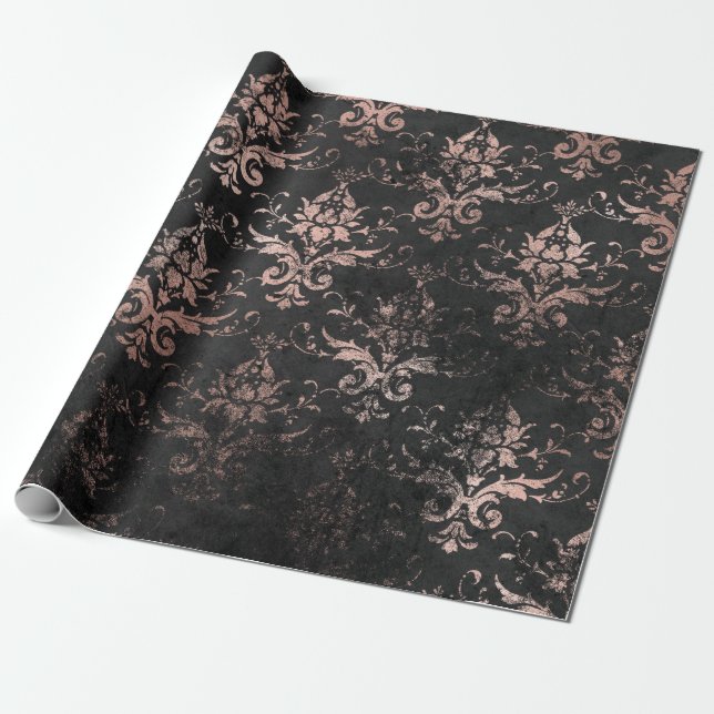 Distressed Pink Scroll Work on Black Wrapping Paper (Unrolled)