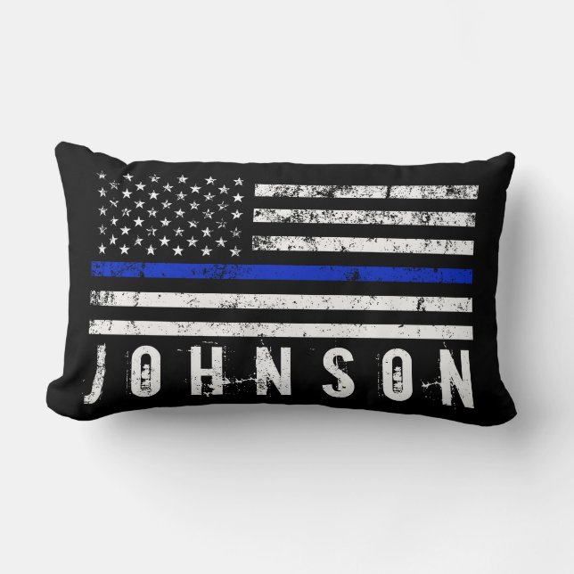 Distressed Police Styled American Flag Custom Name Lumbar Cushion (Front)