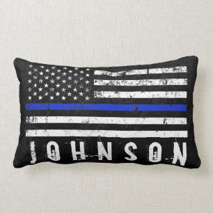 Distressed Police Styled American Flag Custom Name Lumbar Cushion