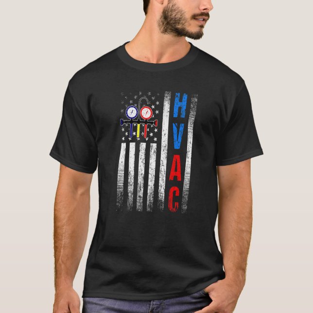 Distressed Proud USA HVAC Tech American Flag HVAC  T-Shirt (Front)