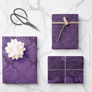 Distressed Purple Damask Wrapping Paper Sheet