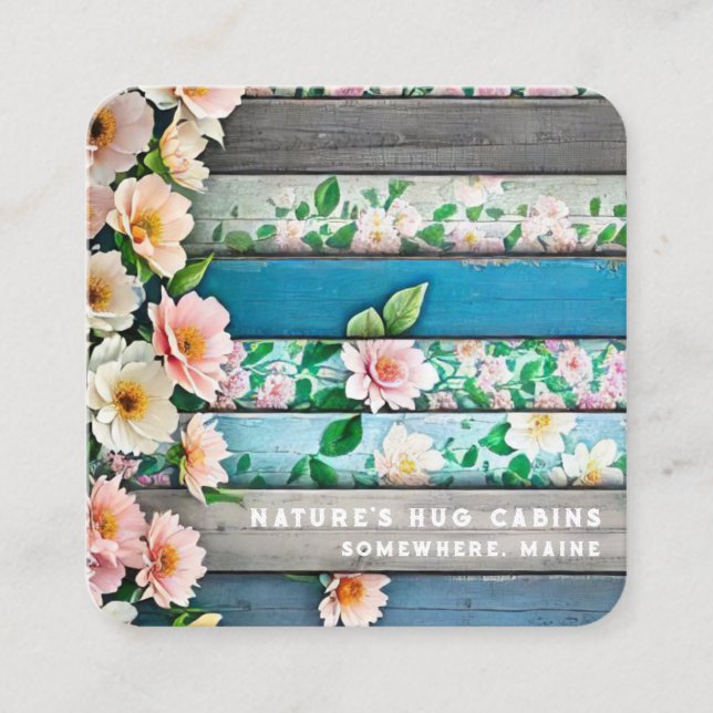 *~*  Distressed QR AP49 Flowers Pastel Wood Square Business Card (Front)