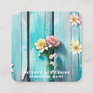 *~*  Distressed QR AP49 Flowers Pastel Wood Square Business Card
