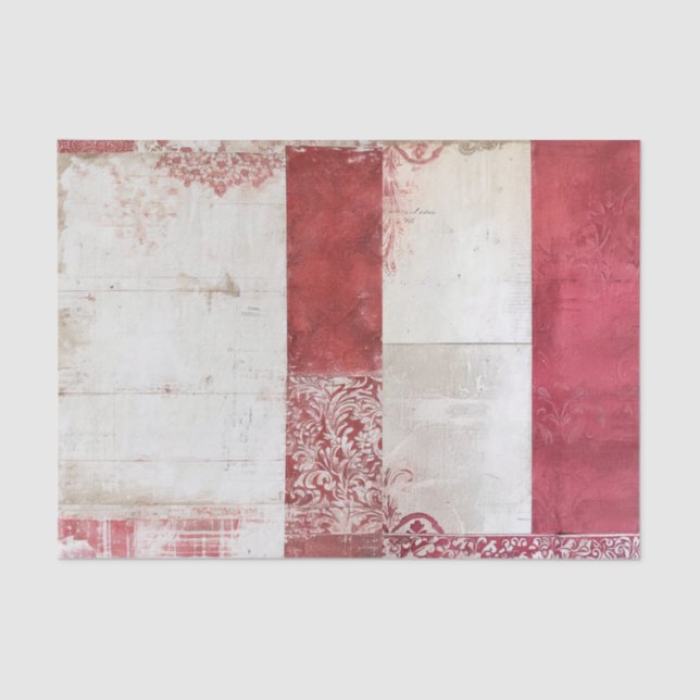 Distressed Red and White Damask Collage Tissue Paper (Front)