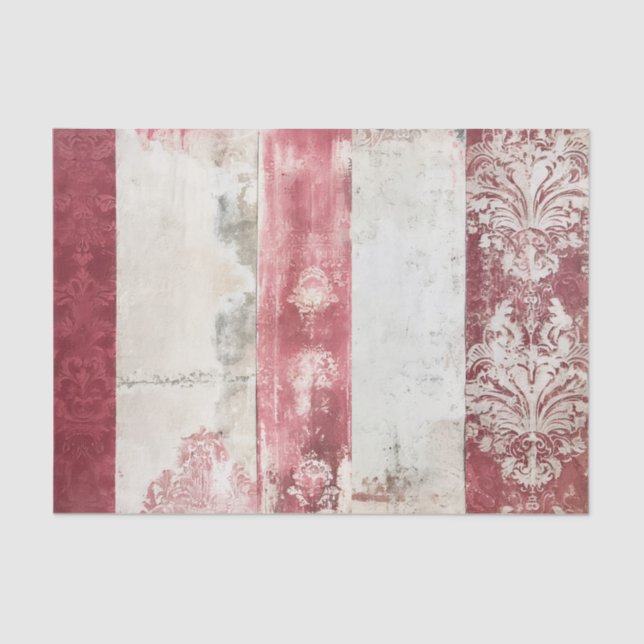 Distressed Red and White Damask Stripes Tissue Paper (Front)