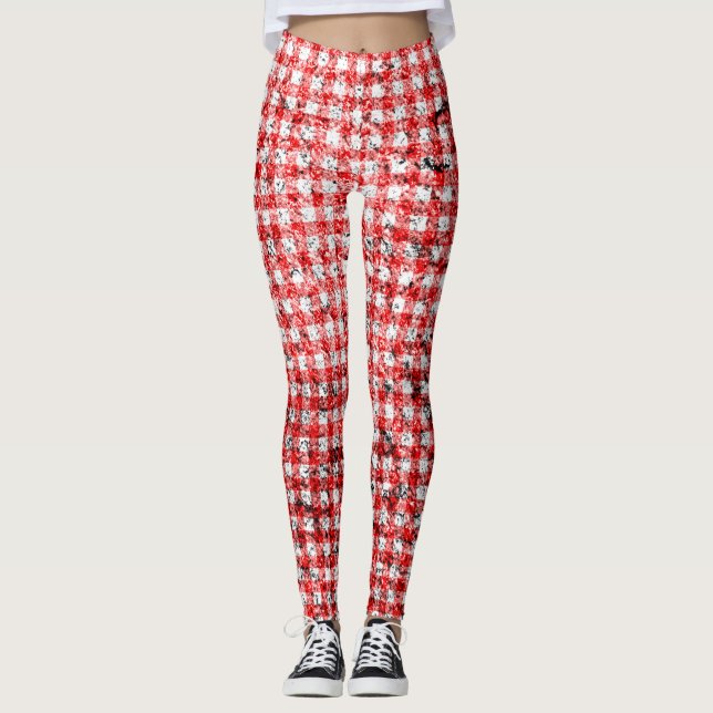 Distressed Red and White Gingham Pattern Leggings (Front)