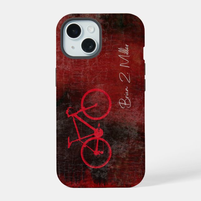 Distressed Red Bike with Script Name iPhone 15 Case (Back)