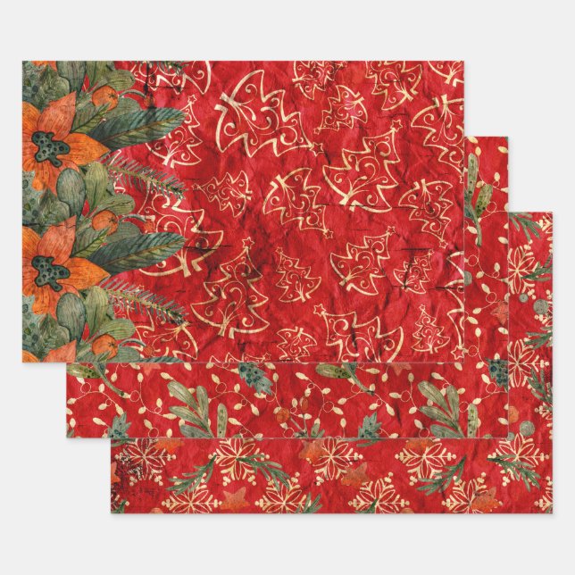 DISTRESSED RED CHRISTMAS HOLIDAY GREENERY WRAPPING PAPER SHEET (Set)