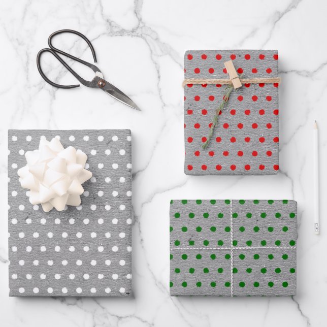 Distressed Red Green White Dots Faux Grey Kraft Wrapping Paper Sheet (Front)