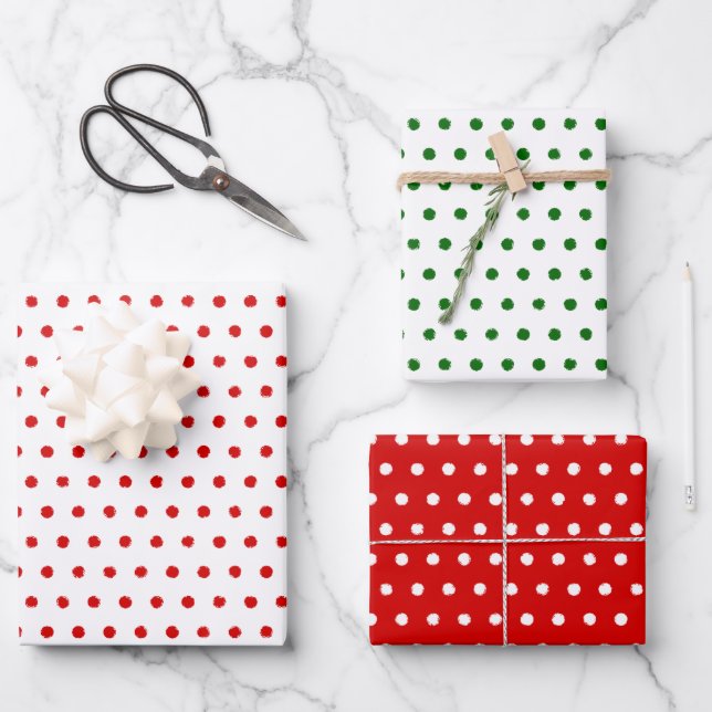 Distressed Red Green White Polkadots Pattern Wrapping Paper Sheet (Front)