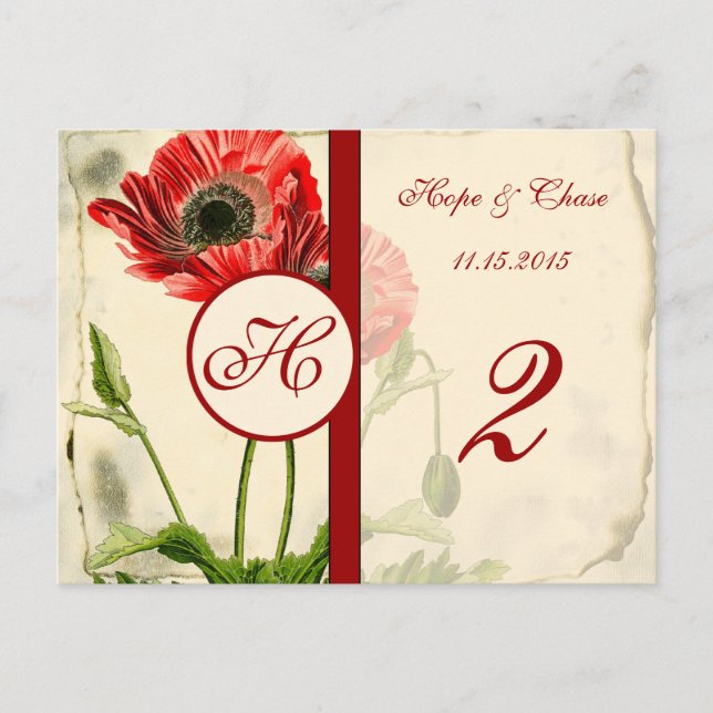 Distressed Red Poppy Table Number Cards (Front)