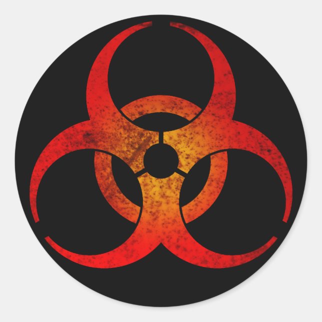 Distressed Red & Yellow Biohazard Symbol on Black Classic Round Sticker (Front)