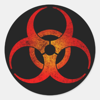 Distressed Red & Yellow Biohazard Symbol on Black Classic Round Sticker