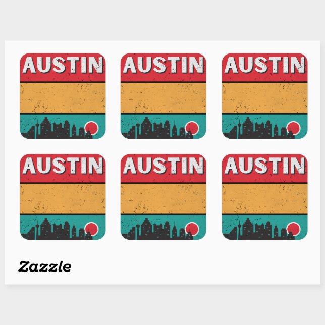 Distressed Retro Austin Texas City State Skyline Square Sticker (Sheet)