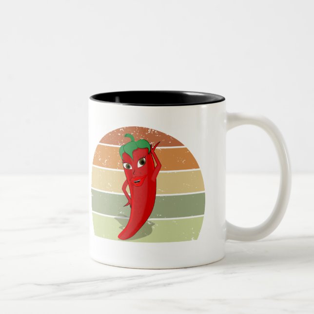 Distressed Retro Sunset Hot Pepper Diva Drawing Two-Tone Coffee Mug (Right)
