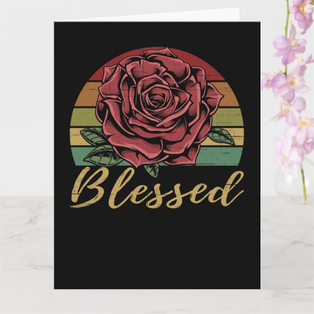 Distressed Retro Sunset Red Rose Blessed Card (Orchid)
