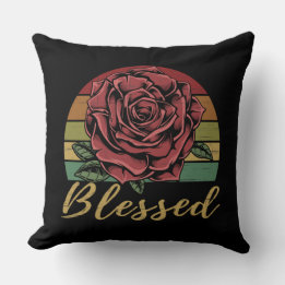 Distressed Retro Sunset Red Rose Blessed Cushion