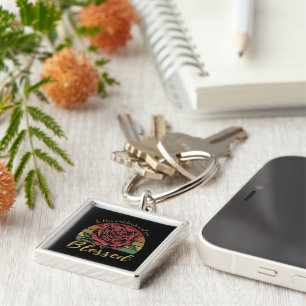Distressed Retro Sunset Red Rose Blessed Key Ring