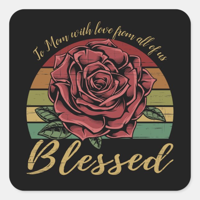 Distressed Retro Sunset Red Rose Blessed Square Sticker (Front)