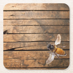 Distressed rustic barn wood cute honeybee square paper coaster