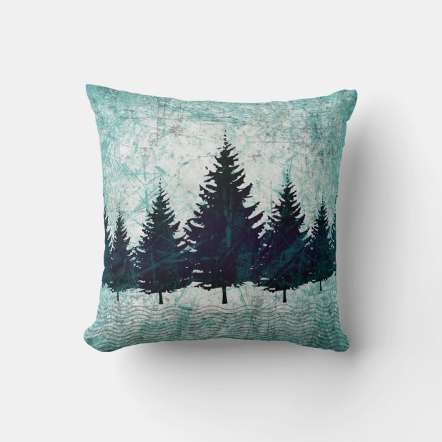 Distressed Rustic Evergreen Pine Trees Forest Cushion (Front)