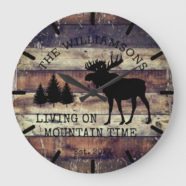 Distressed Rustic Wood Living on Mountain Time Large Clock (Front)