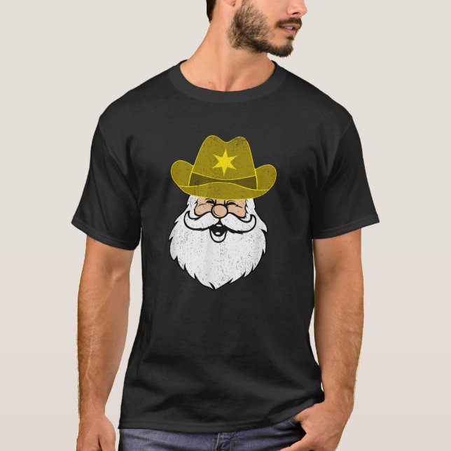 Distressed Santa Claus On Cowboy Hat Southern Prid T-Shirt (Front)