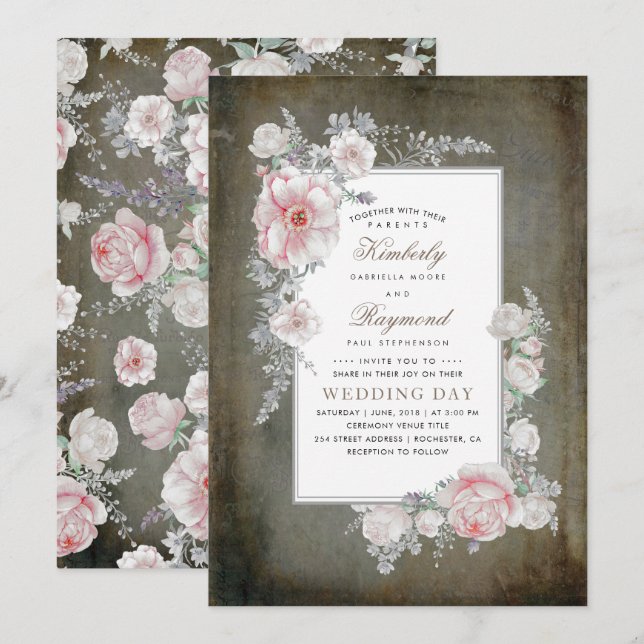 Distressed Shabby Vintage Floral Wedding Invitation (Front/Back)
