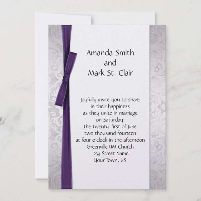 Distressed Silver Damask Purple Ribbon Bow Wedding Invitation (Front)