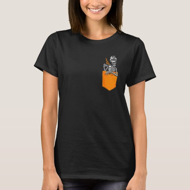 Distressed Skeleton Messy Bun Coffee Skull drinkin T-Shirt (Front)