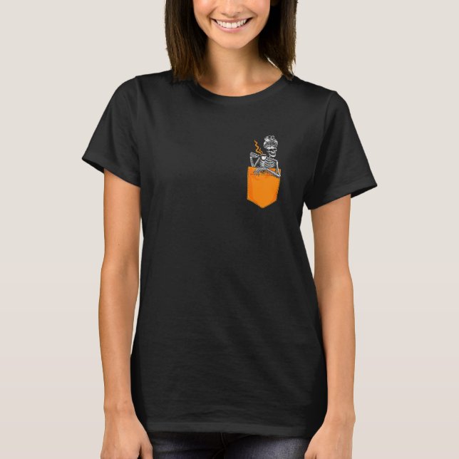 Distressed Skeleton Messy Bun Coffee Skull drinkin T-Shirt (Front)
