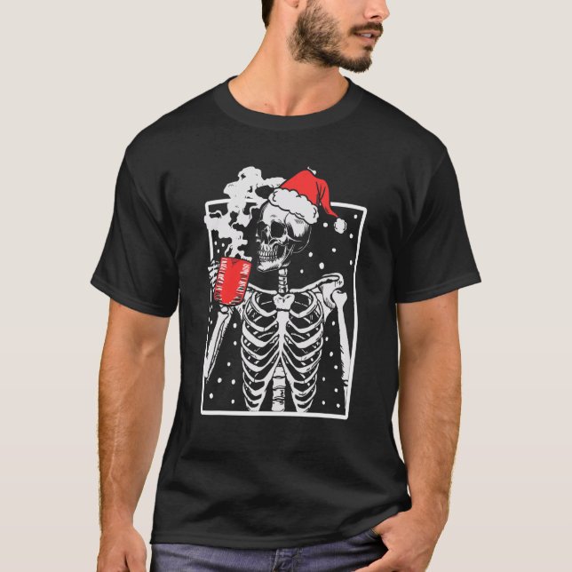 Distressed Skeleton Smiling Skull Drinking Coffee  T-Shirt (Front)