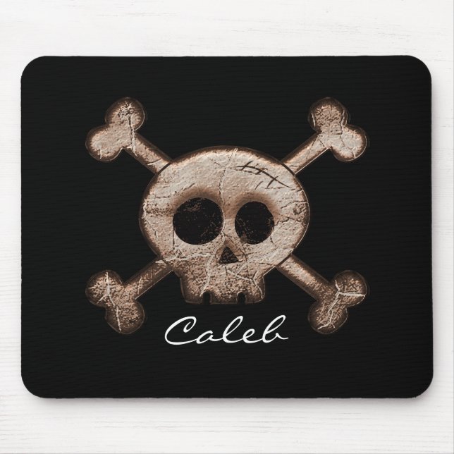 Distressed Skull & Bones Black Computer Mouse Pad (Front)