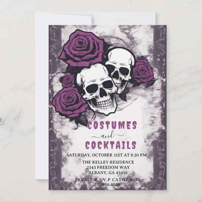 Distressed Skulls Purple Roses Halloween Party Invitation (Front)