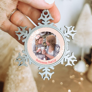 Distressed Snowflakes Blush Pink Photo Monogrammed Snowflake Pewter Christmas Ornament