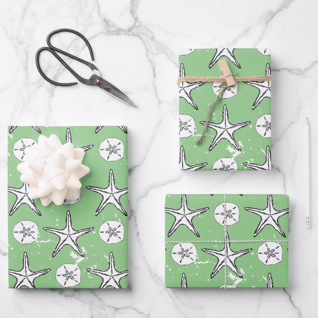 Distressed Starfish Sand Dollar Sketch Pattern Wrapping Paper Sheet (Front)