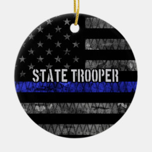 Distressed State Trooper Police Flag Ceramic Tree Decoration
