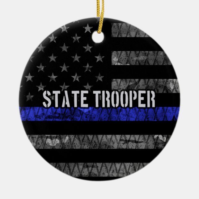 Distressed State Trooper Police Flag Ceramic Tree Decoration (Front)