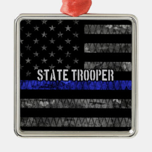 Distressed State Trooper Police Flag Metal Tree Decoration