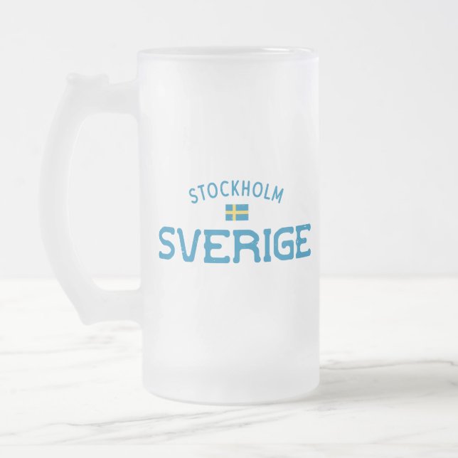 Distressed Stockholm Sverige (Sweden) Frosted Glass Beer Mug (Left)
