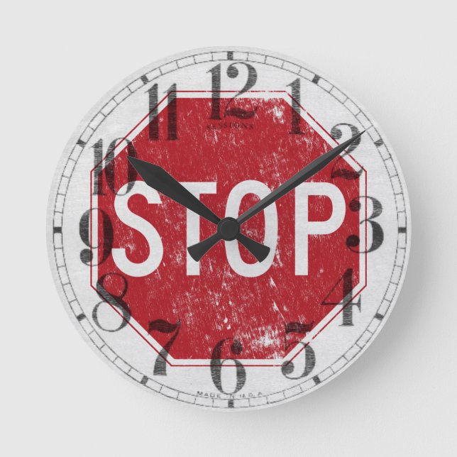 Distressed Stop Sign Round Clock (Front)