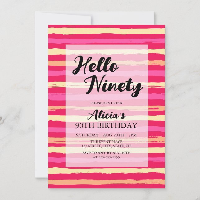 Distressed Stripes Pink Colourful 90th Birthday  Invitation (Front)