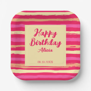 Distressed Stripes Pink Peach Colourful Birthday Paper Plate