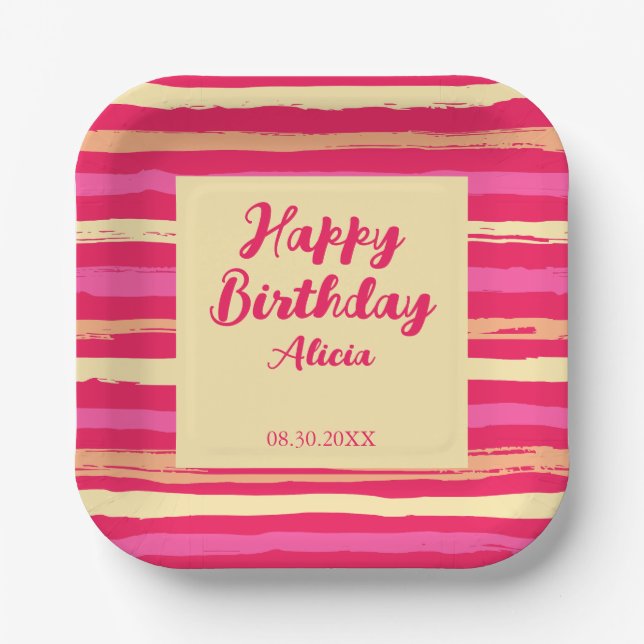 Distressed Stripes Pink Peach Colourful Birthday Paper Plate (Front)