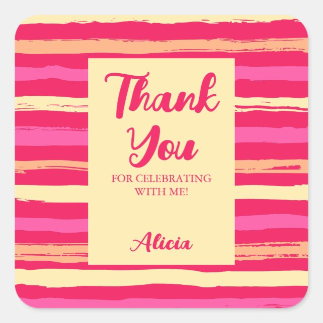 Distressed Stripes Pink Peach Colourful Thank You Square Sticker (Front)