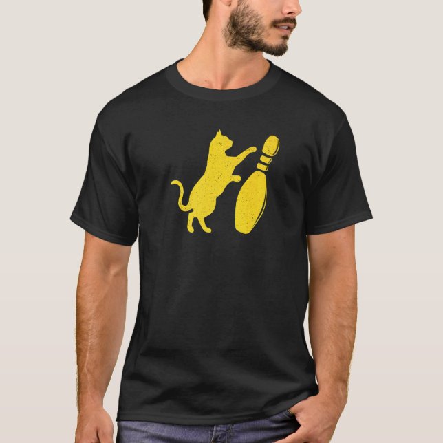 Distressed Style Cute Cat Knocking Over Bowling Pi T-Shirt (Front)
