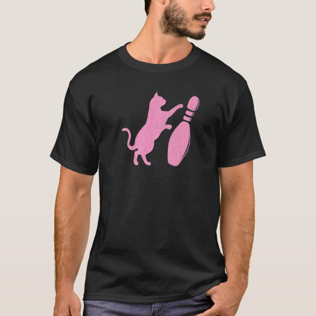 Distressed Style Cute Cat Knocking Over Bowling Pi T-Shirt (Front)