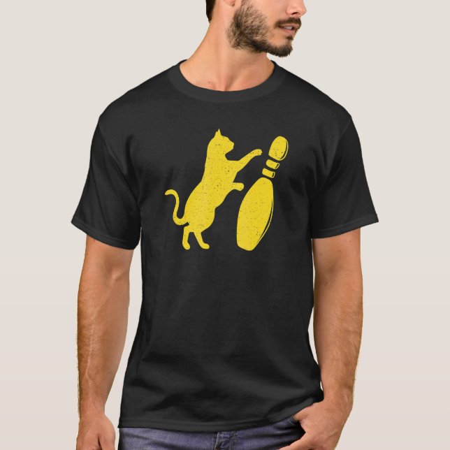 Distressed Style Cute Cat Knocking Over Bowling Pi T-Shirt (Front)