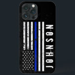 Distressed Style Police Flag Personalised Name iPhone 13 Pro Max Case<br><div class="desc">This unique phone case features a thin blue line police flag-themed flag in the centre in a rugged cracked and distressed style.  To the side of this is a spot for your's or your gift recipient's unique first or last name.</div>
