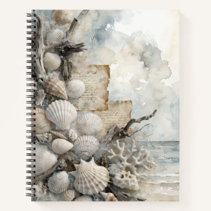 DISTRESSED SUMMER BEACH SCENE AND SEASHELLS NOTEBOOK